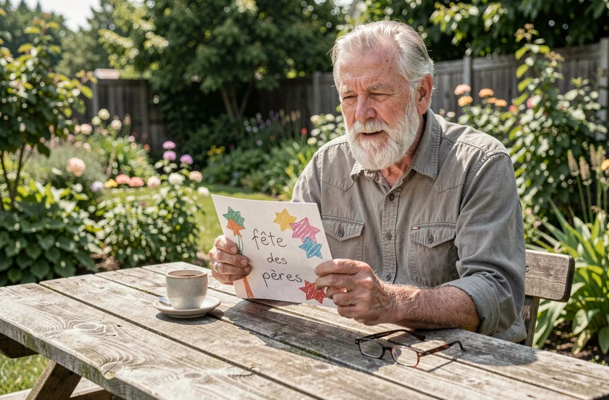 Grand-père bricoleur ému lisant une carte de fête des pères faite main dans le jardin