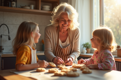 Grand-mère cuisine avec ses petits-enfants dans une cuisine lumineuse