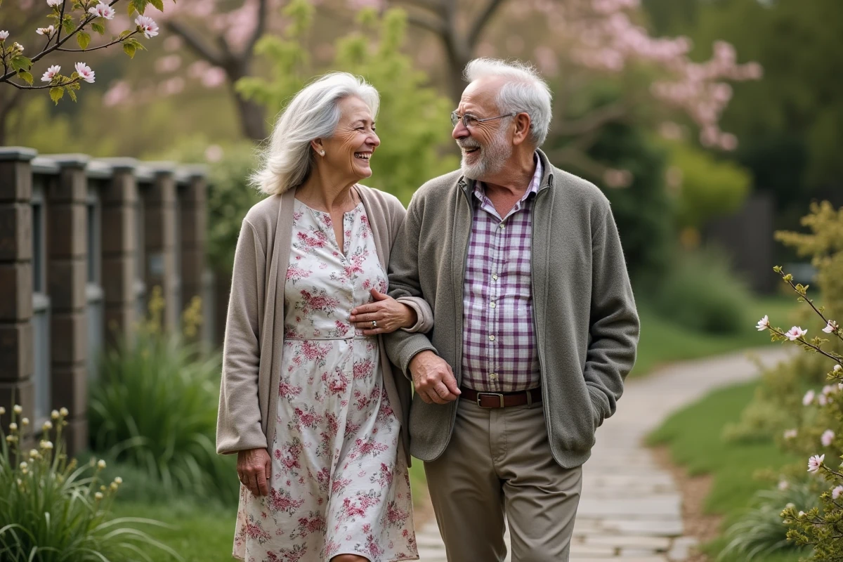 Grandparents riant dans un jardin fleuri au printemps