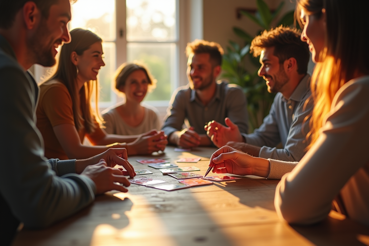 Groupe d'amis jouant à un jeu de cartes coloré en journée