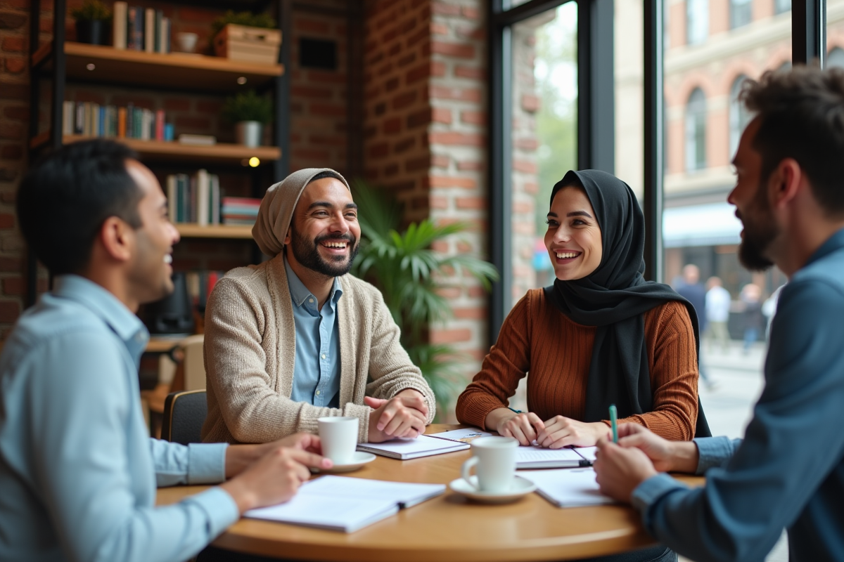 Groupe de quatre adultes divers discutant dans un café urbain