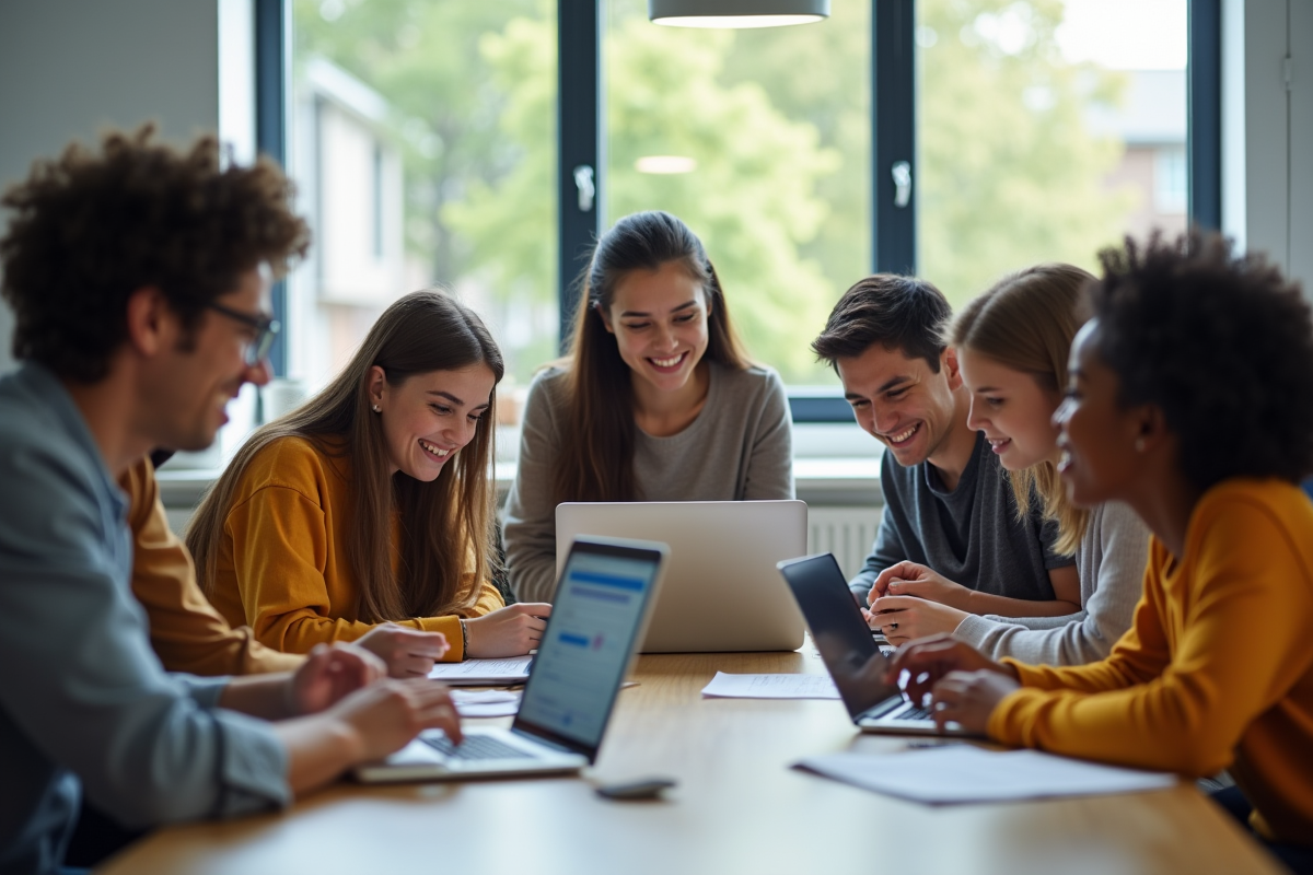 Etudiants divers collaborant autour d une table en classe