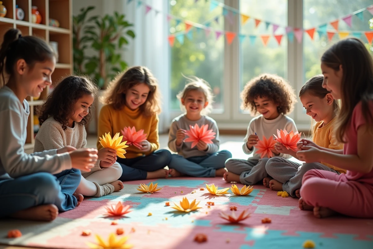 Enfants et parents créant des bouquets de fleurs en atelier