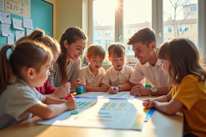Enfants et éducateurs autour de tableaux financiers dans une classe lumineuse