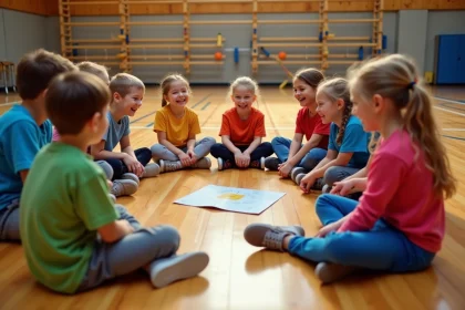 Enfants souriants en cercle jouant à un jeu dans le gymnase