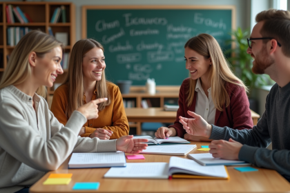 Groupe d'enseignants en discussion dans une classe lumineuse