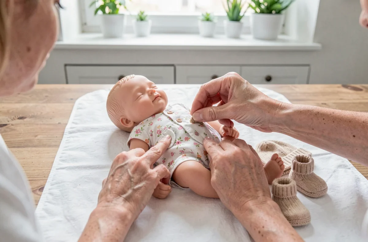 Mains adultes habillant un bébé reborn en silicone avec soin, accessoires miniatures et tenue fleurie sur table en bois