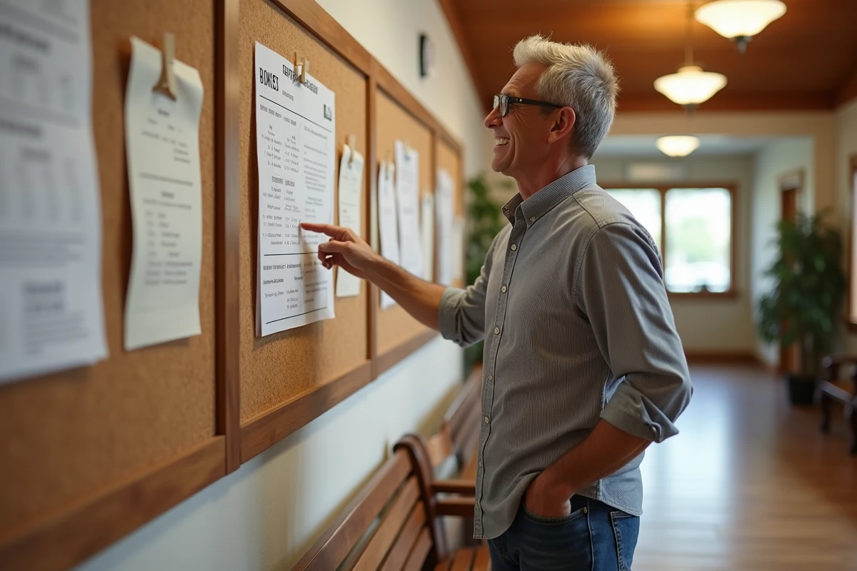 Homme regardant un tableau d affichage dans un centre communautaire