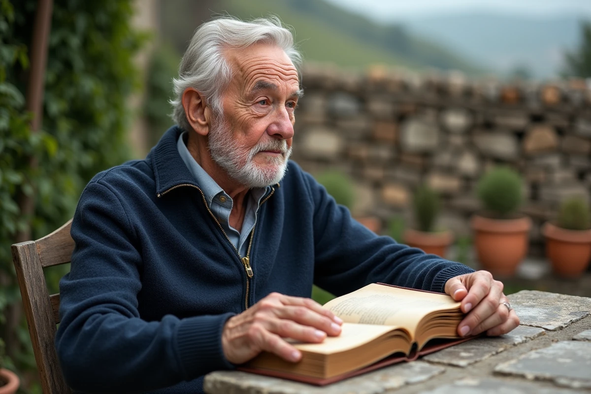 Homme âgé aux origines méditerranéennes consultant un album de famille ancien dans un jardin de campagne française