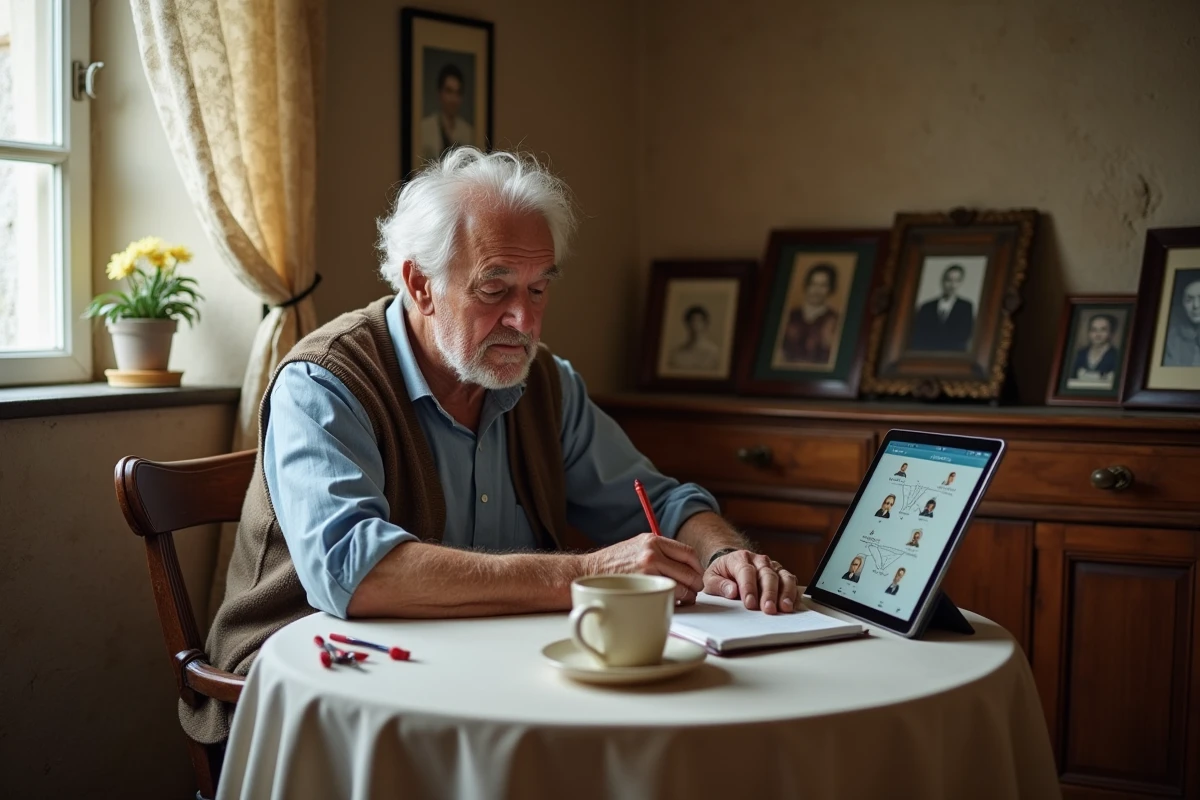 Vieil homme prenant des notes sur sa généalogie à côté d'une tablette affichant un arbre Roglo dans une cuisine rurale française