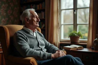 Homme âgé assis seul dans un fauteuil, regardant par la fenêtre d'un salon français discret, évoquant la maladie et le retrait de la vie publique