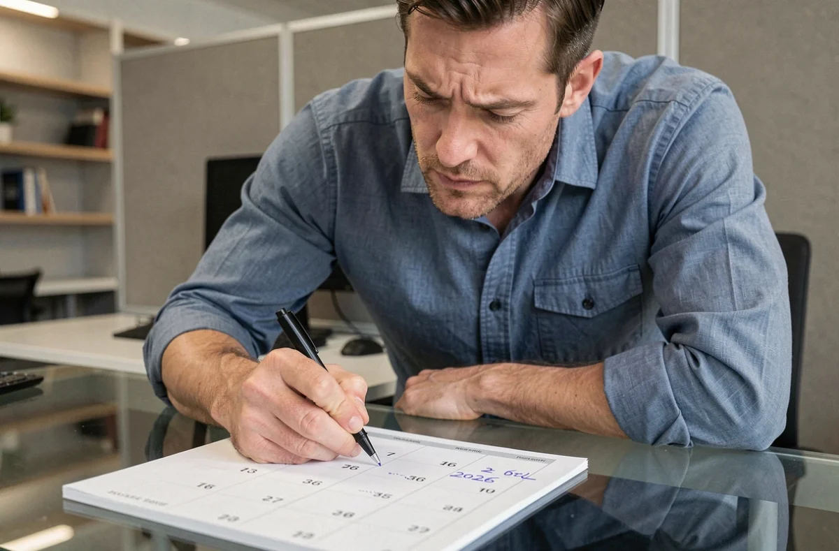 Homme annotant les numéros de semaines paires et impaires sur un agenda calendrier 2026 au bureau