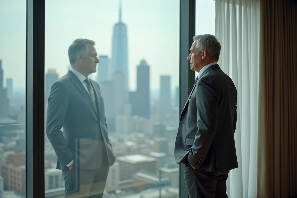 Homme en costume regardant la ville depuis une fenêtre