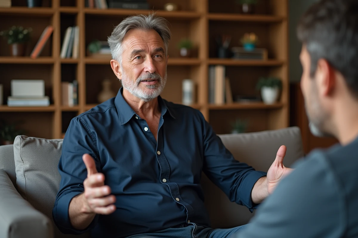 Homme en couple interviewé sur un canapé dans un salon moderne ambiance télévision