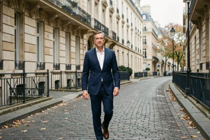 Homme en costume bleu discret marchant dans une rue parisienne haussmannienne, illustrant la stratégie de silence et de discrétion médiatique