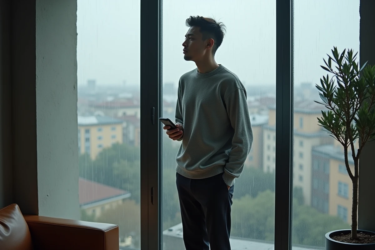 Homme pensif debout près d'une fenêtre mouillée dans un appartement moderne, tenant un téléphone, évoquant le mystère autour de la vie amoureuse de Jules Torres