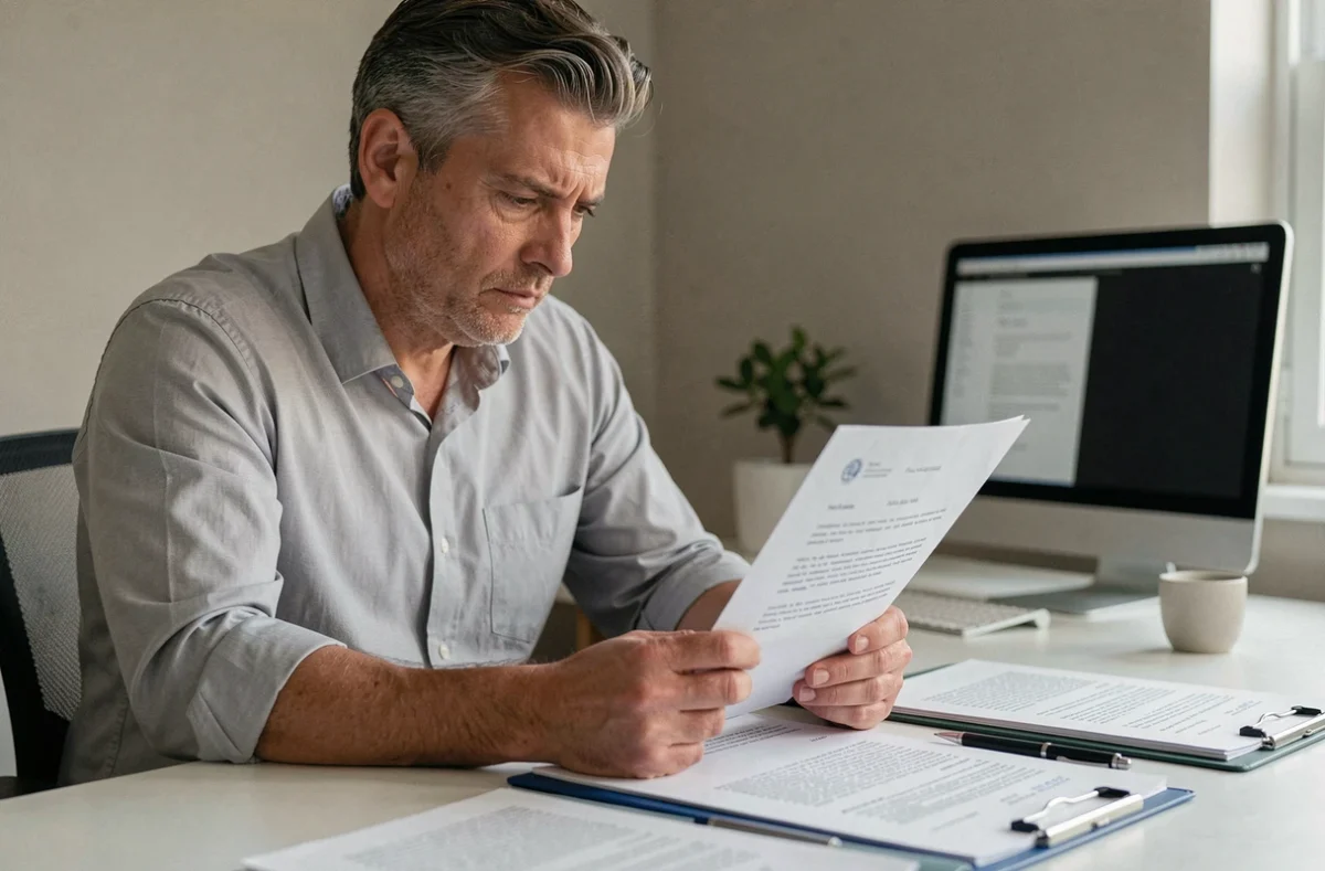 Homme lisant une lettre juridique concernant un changement d'avocat dans son bureau à domicile
