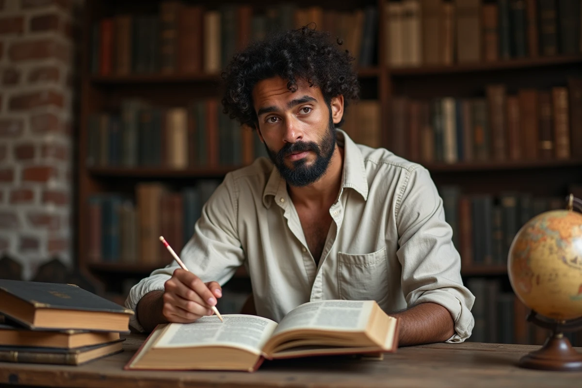 Homme studieux explorant l'étymologie et l'origine du prénom Noah dans une bibliothèque