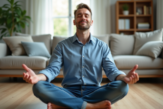 Homme méditant assis en intérieur calme et serein
