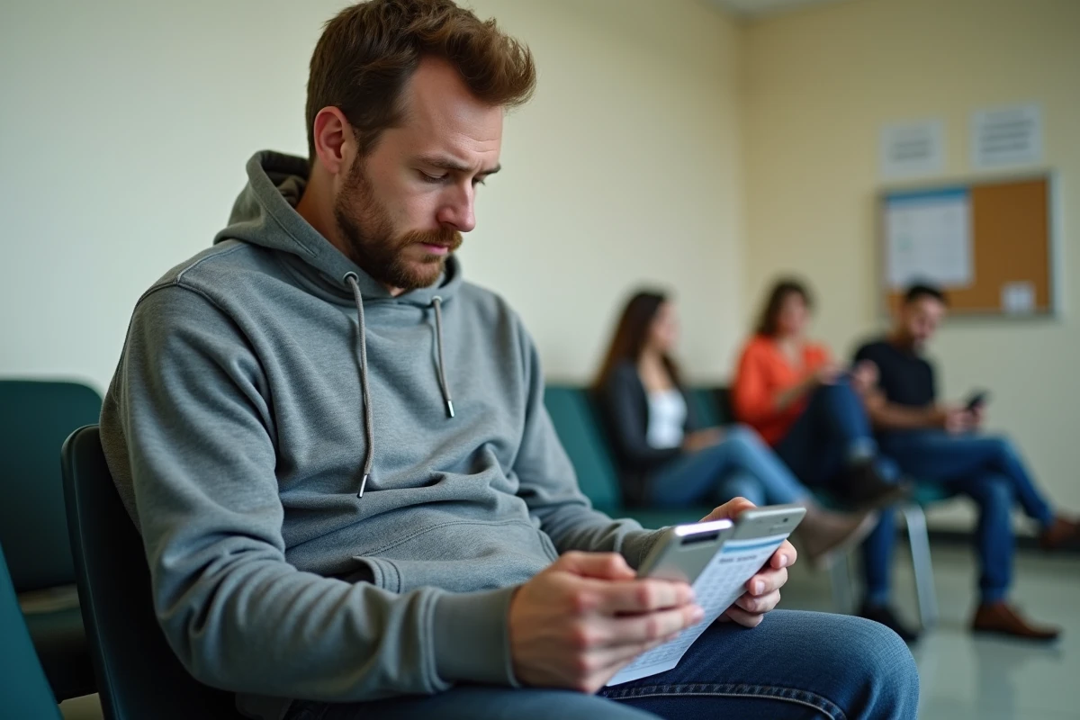 Homme en salle d'attente de services sociaux consultant son téléphone avec un calendrier RSA imprimé sur les genoux