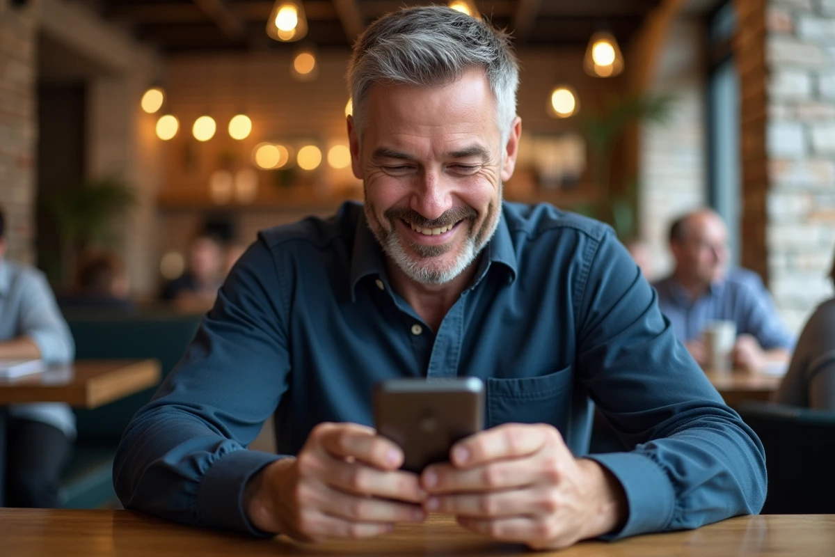 Homme d'âge mûr utilisant son smartphone dans un café pour envoyer une carte d'anniversaire animée gratuite