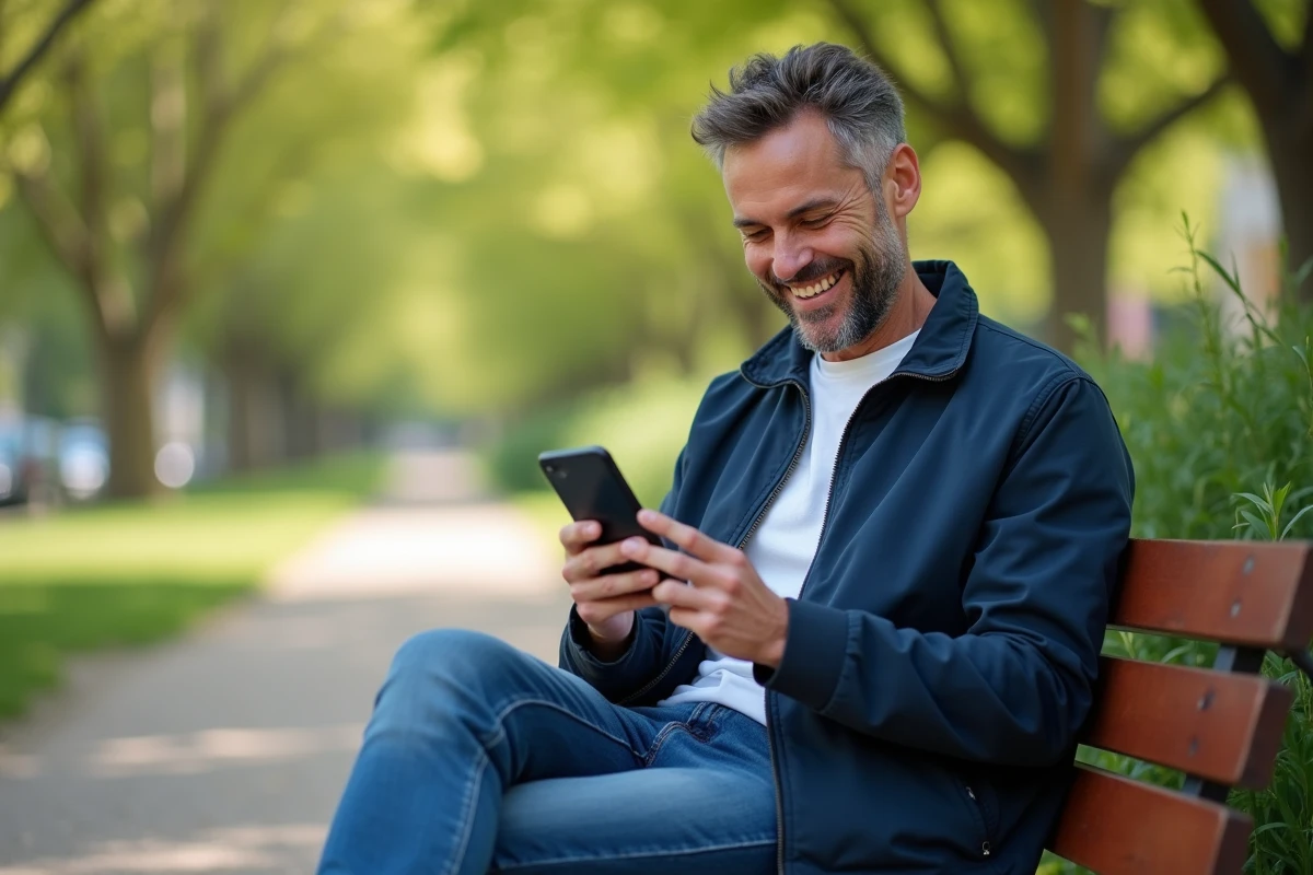 Homme souriant qui tape un SMS d'anniversaire drôle sur son téléphone dans un parc
