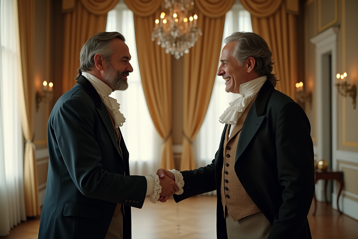 Deux hommes de différentes époques se serrant la main