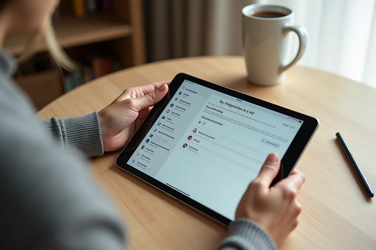 Gros plan sur une tablette affichant l'interface du logiciel Mon Proxima pour la gestion administrative d'une tutelle
