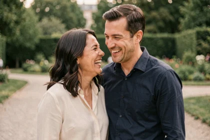 Couple complice partageant un moment de rire dans un jardin parisien, illustrant la vie amoureuse de Jenifer après son mariage