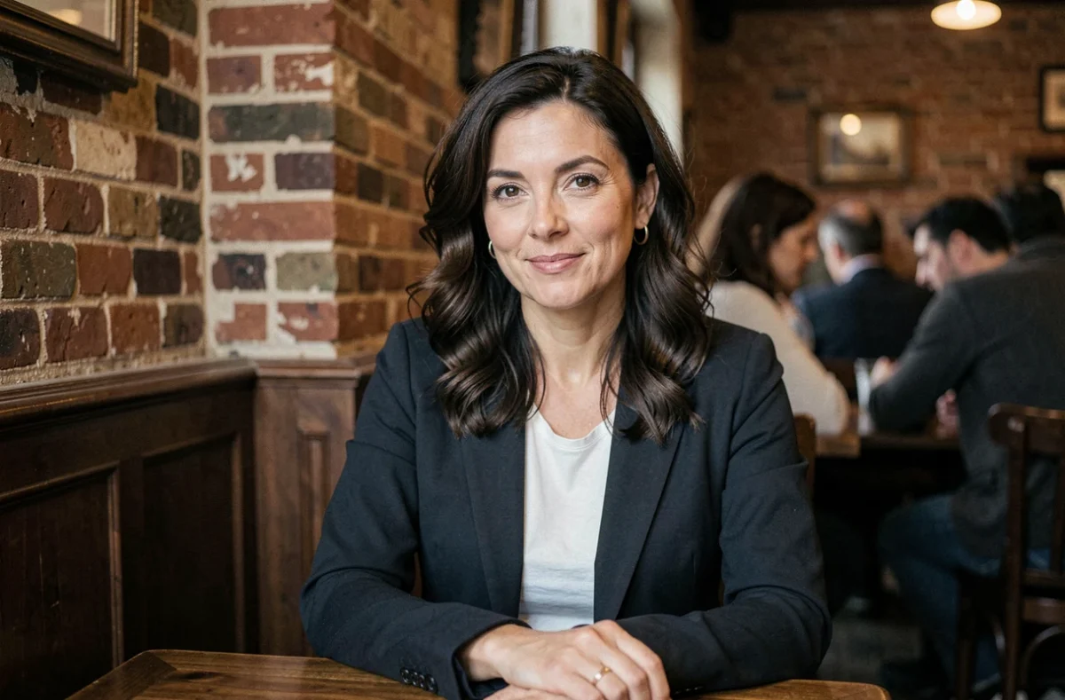 Portrait élégant d'une femme brune dans un café parisien, évoquant la discrétion et la vie privée d'une personnalité publique mariée
