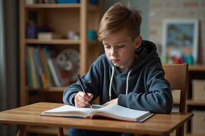 Jeune garçon de 13 ans écrit dans un carnet dans sa chambre