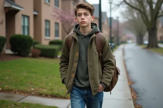 Jeune adolescent marche dans une rue calme au printemps