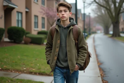 Jeune adolescent marche dans une rue calme au printemps