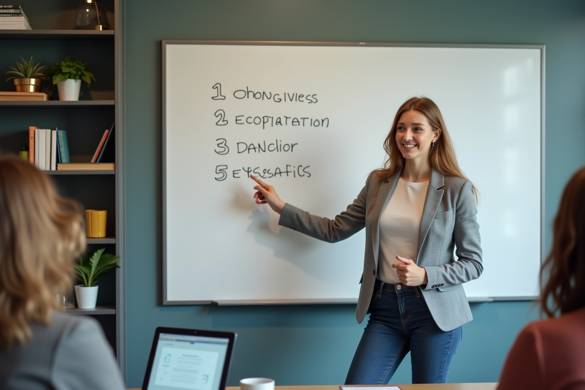 Jeune femme expliquant des principes éducatifs en réunion