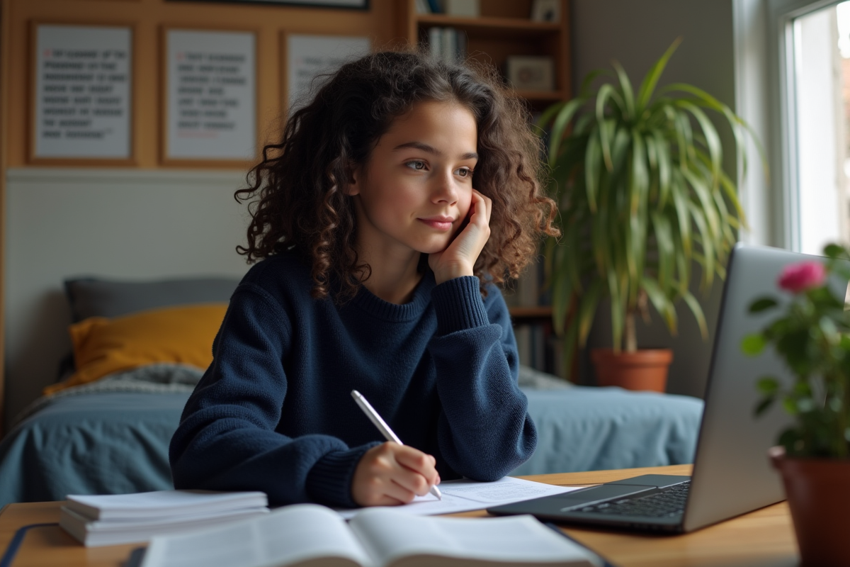 Jeune fille aux cheveux bouclés en étude dans sa chambre