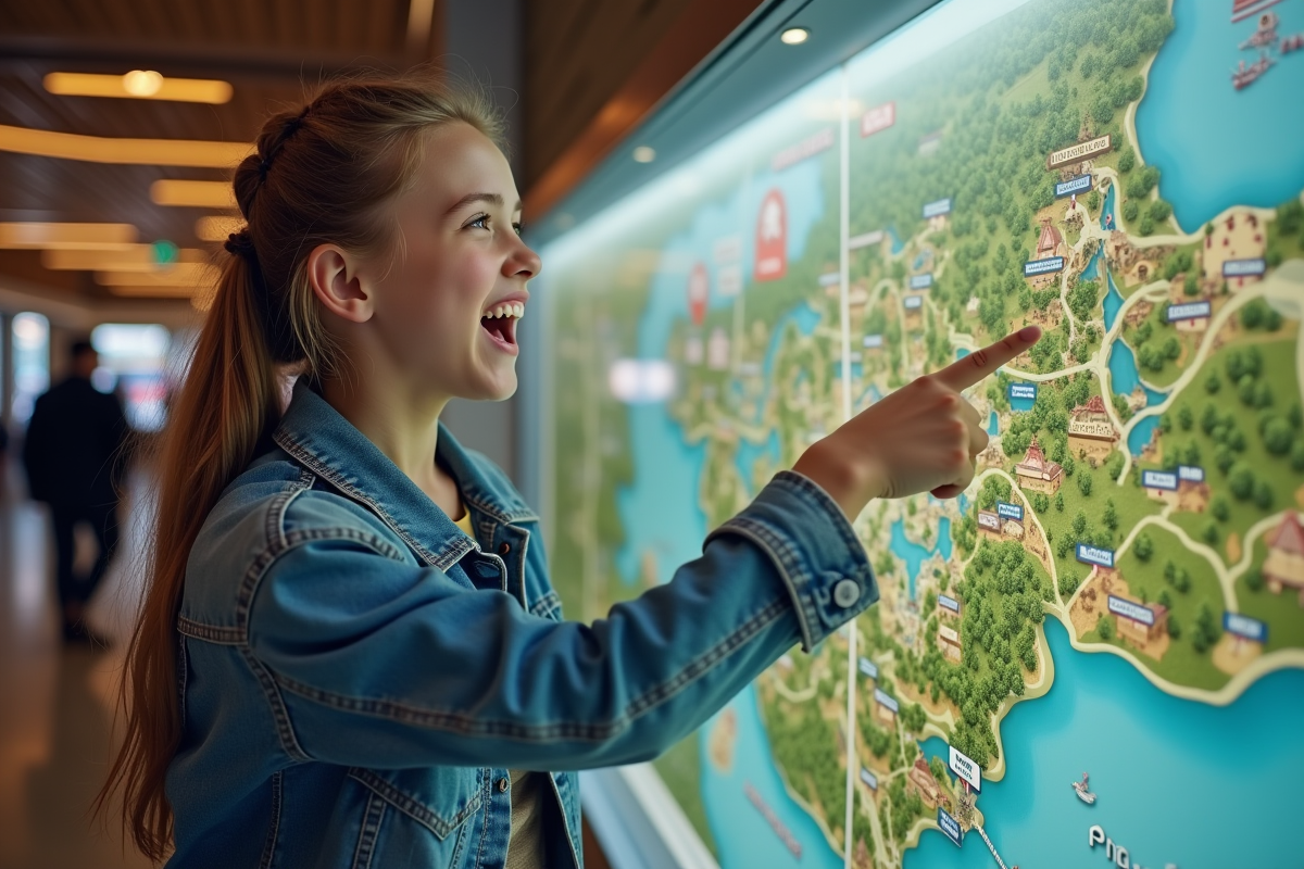 Adolescente pointant un plan du parc dans un centre d