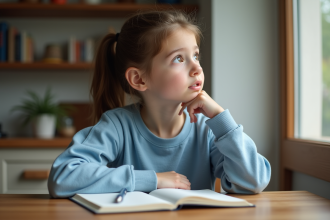 Jeune fille pensant à la cuisine avec un carnet