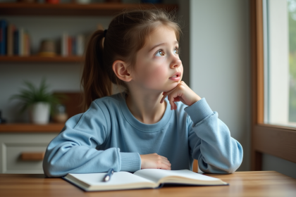 Jeune fille pensant à la cuisine avec un carnet