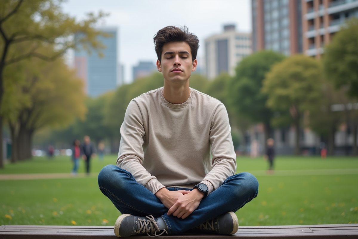 Jeune homme paisible assis sur un banc dans un parc