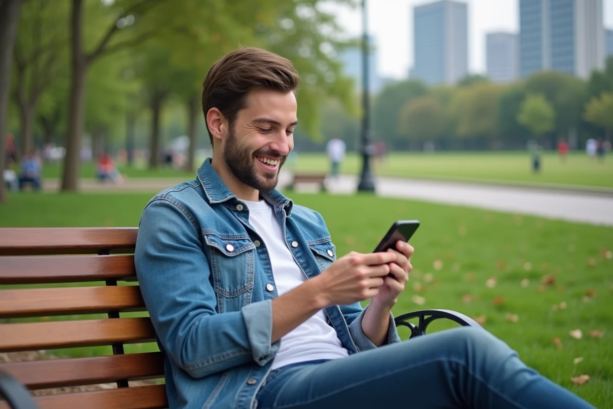 Jeune homme détendu dans un parc utilisant son smartphone
