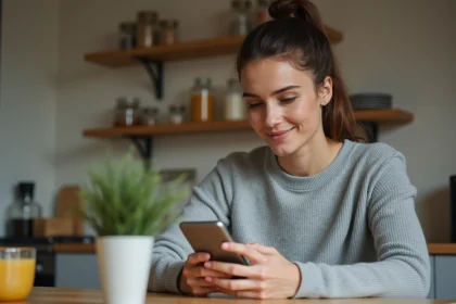 Jeune mère consultant une liste de naissance sur smartphone dans une cuisine moderne et chaleureuse