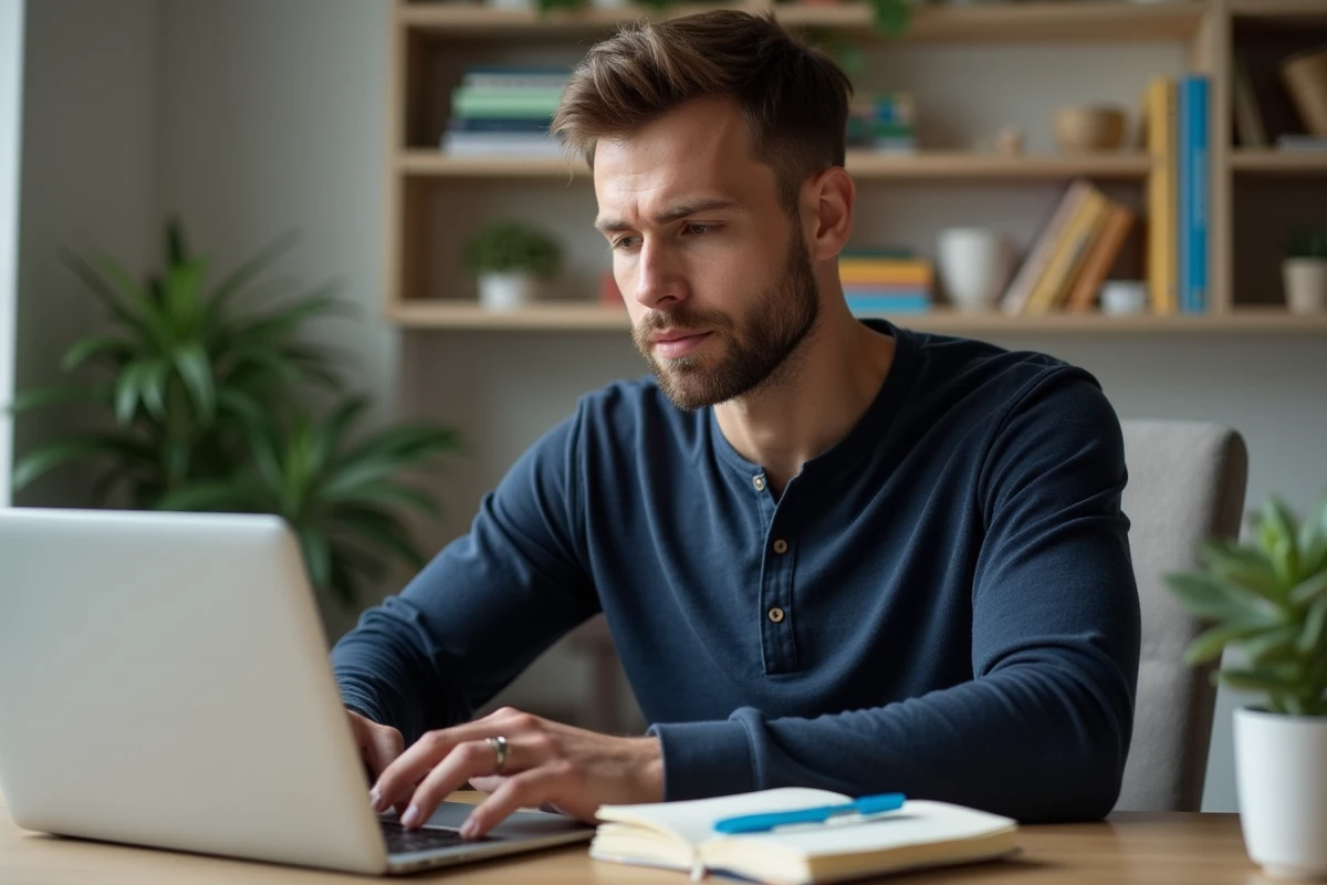 Jeune père créant une liste de naissance en ligne sur ordinateur portable avec carnet de notes manuscrit