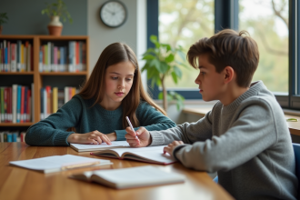Jeune fille et garçon discutant en bibliothèque scolaire