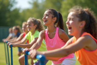Jeunes filles sportives dans un parc ensoleille avec équipement