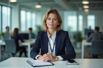 Journaliste professionnelle assise à son bureau dans une salle de rédaction moderne, exprimant un équilibre fragile entre vie professionnelle et vie privée