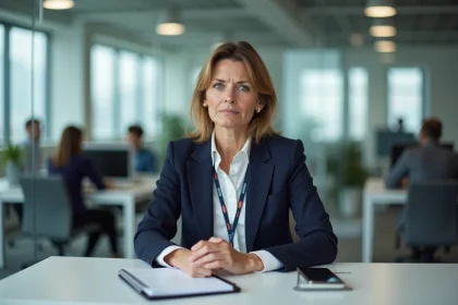 Journaliste professionnelle assise à son bureau dans une salle de rédaction moderne, exprimant un équilibre fragile entre vie professionnelle et vie privée