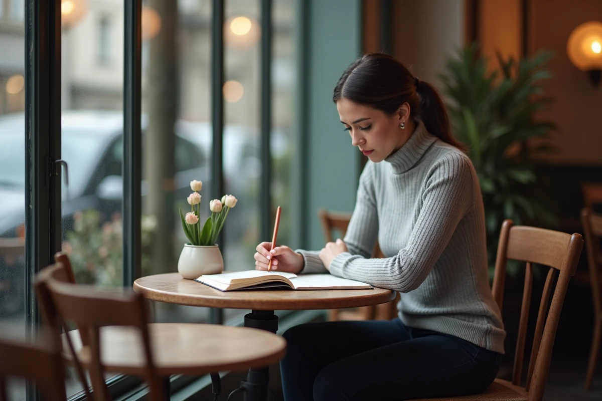 Femme journaliste pensive seule dans un café parisien consultant son agenda, symbolisant l'équilibre fragile entre vie publique et intimité personnelle