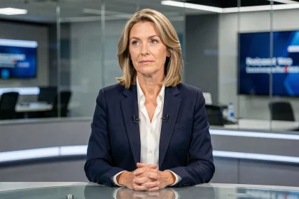Journaliste française en blazer marine assise à un bureau de plateau télévisé dans un studio de newsroom moderne