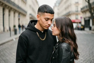 Jul en couple protégeant sa compagne dans une rue parisienne, capturant la discrétion du rappeur sur sa vie amoureuse