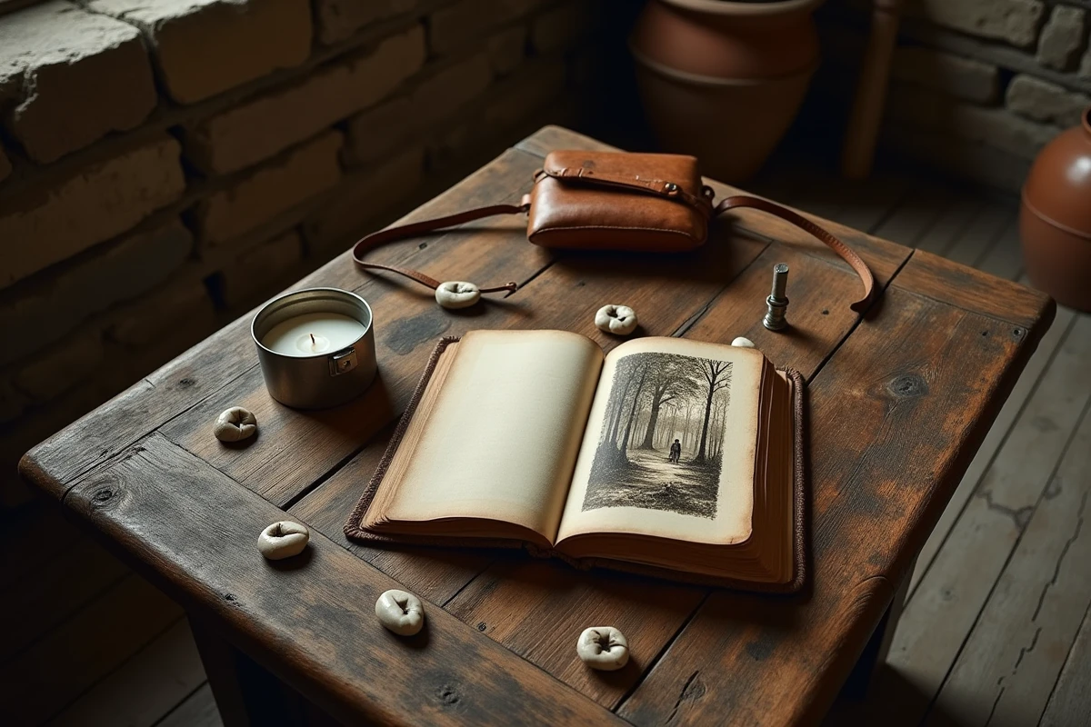 Livre de contes ancien ouvert sur une table en bois rustique avec des cailloux blancs et une bougie, symbolisant l'histoire du Petit Poucet